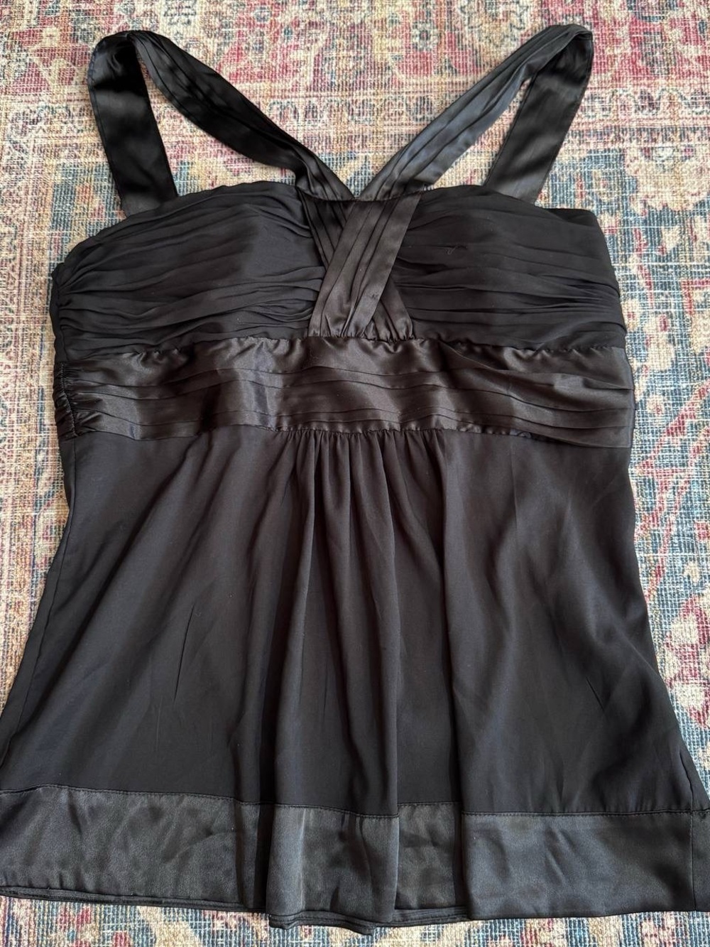 Black Satin-Trim Crossover Strap Women’s Top